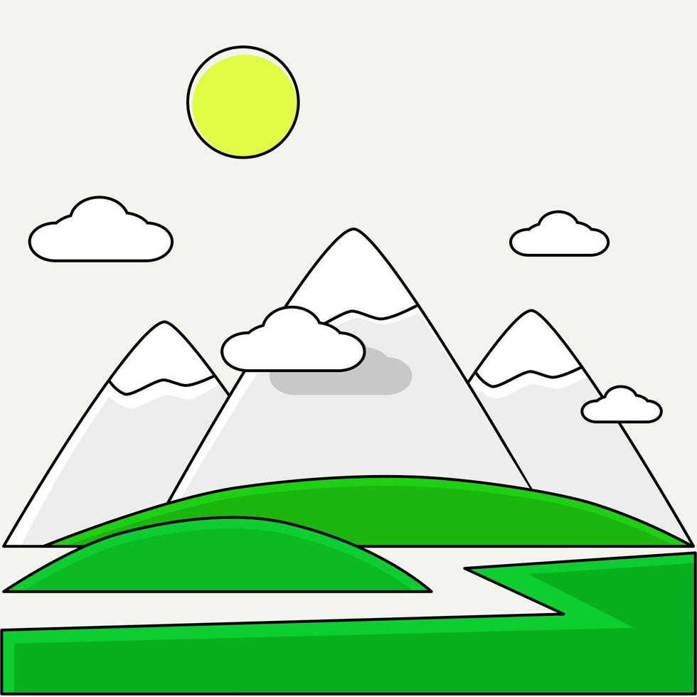 ilustración del paisaje de un día soleado en estilo plano con camino, prado, montañas, bosque, nubes y sol. fondo para campamento de verano, viaje por la naturaleza, camping o concepto de diseño de senderismo. vector