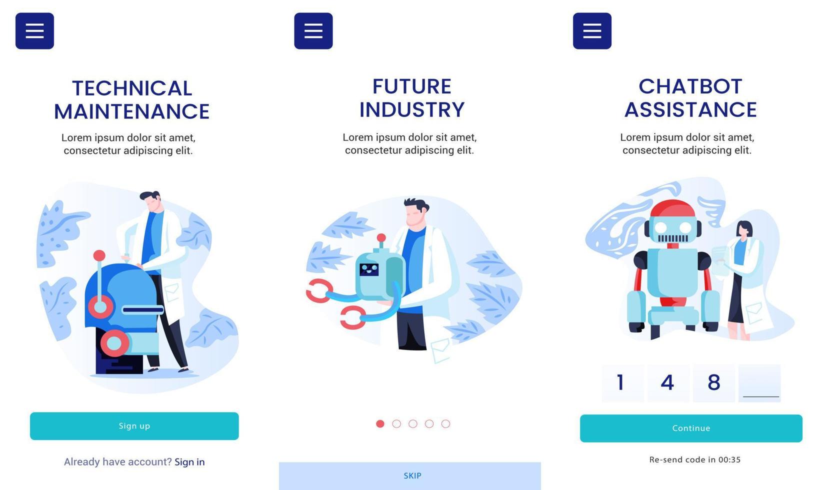 Collection of mobile app design templates for online technical maintenance, care, chatbot assistance, services system. Modern vector illustration concept for mobile app development.
