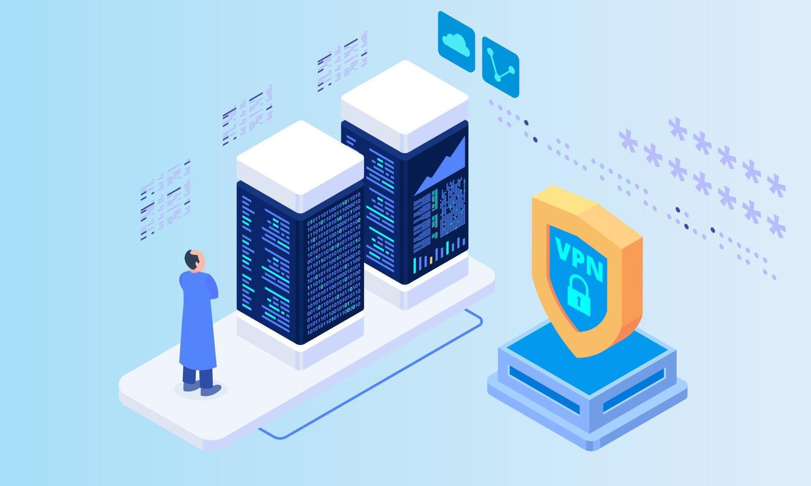 alojamiento web y procesamiento de big data, racks de espacio de servidor. centro de datos, tecnología de almacenamiento en la nube. concepto de estación de energía. un hombre está mirando computadoras en la sala de servidores. ilustración vectorial isométrica vector