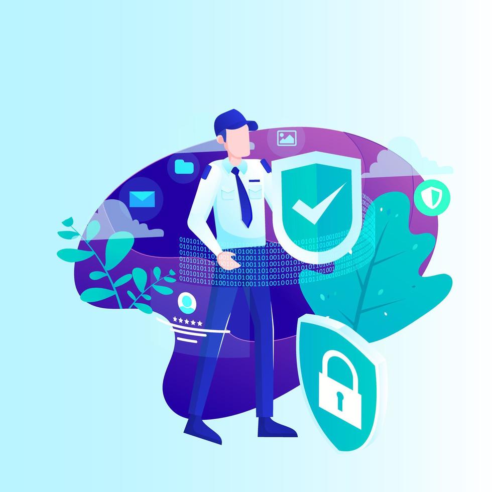Data protection, network security concept. Man in tie standing holding shield. Flat concept vector illustration for web page, banner, presentation, social media