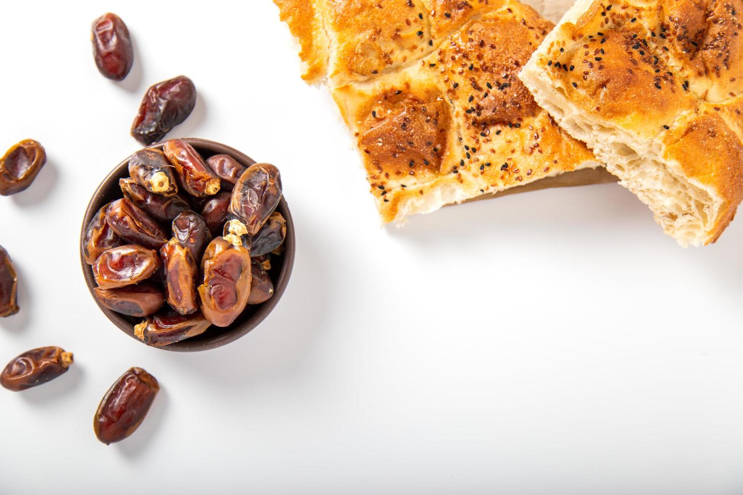 Flat lay view of dried ramazan date fruit. photo