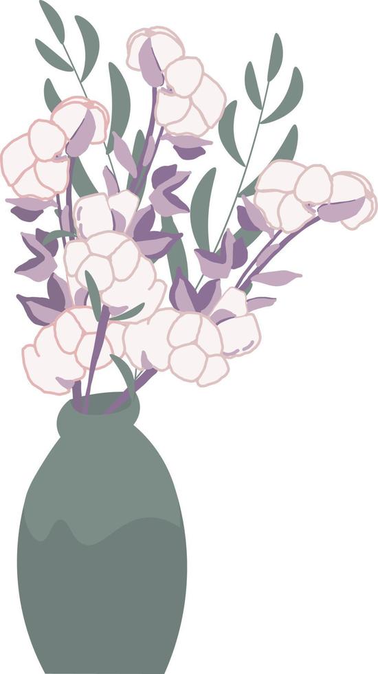 vase with Flowers. branches cotton. bouquet. grass. Postcard. Congratulations on the holiday. wedding invitation design. Delicate flowers. pink. vector eps 10