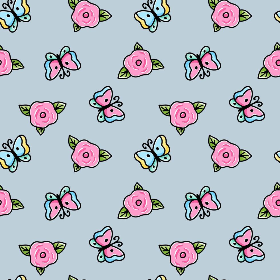 Seamless floral pattern with butterflies. Vector texture in hand drawn style