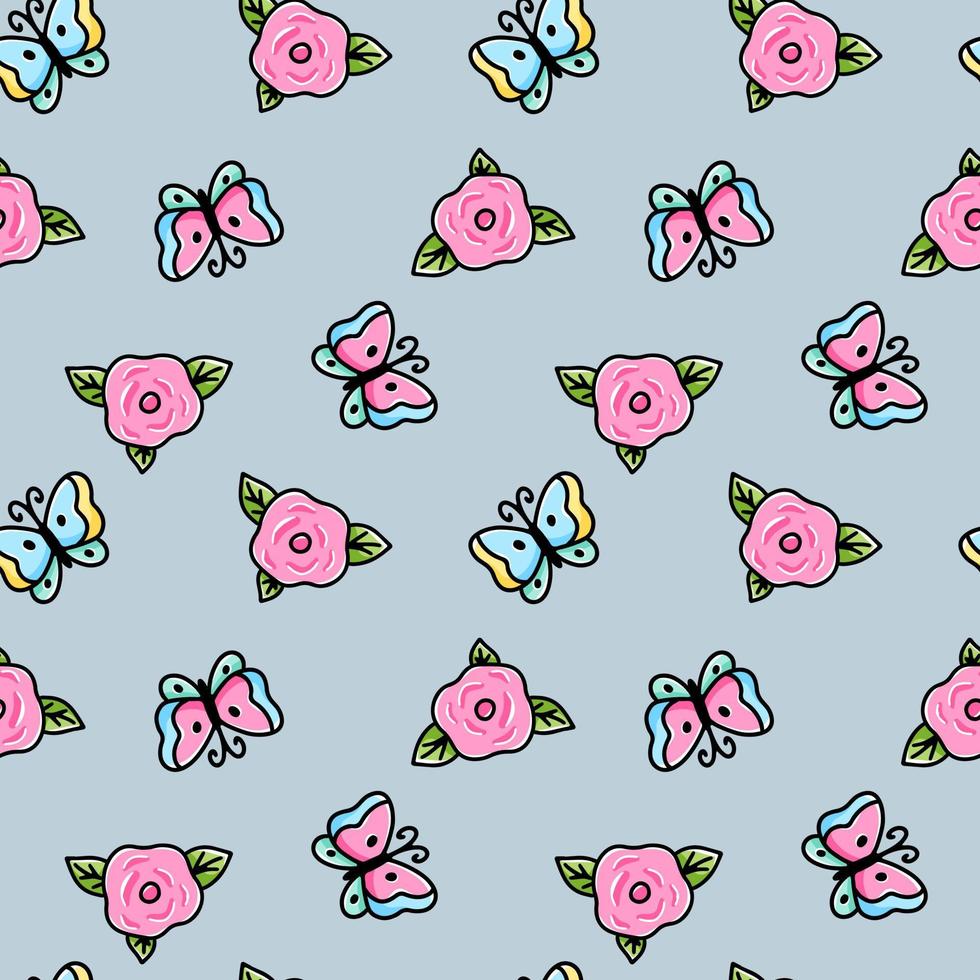 Seamless floral pattern with butterflies. Vector texture in hand drawn style