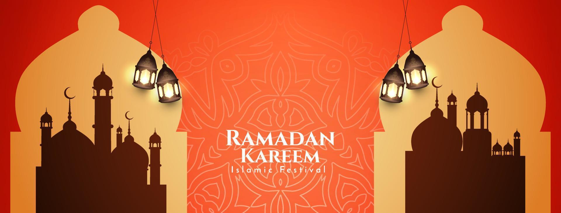 Ramadan Kareem islamic festival greeting banner with mosque vector