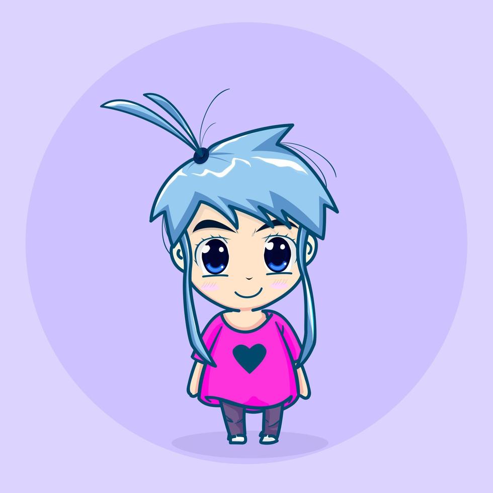 Blue haired cute little gril with purple heart shirt vector