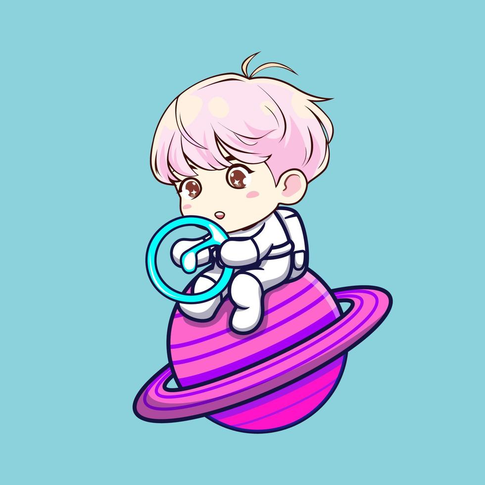 Handsome pink hair guy sit on planet vector