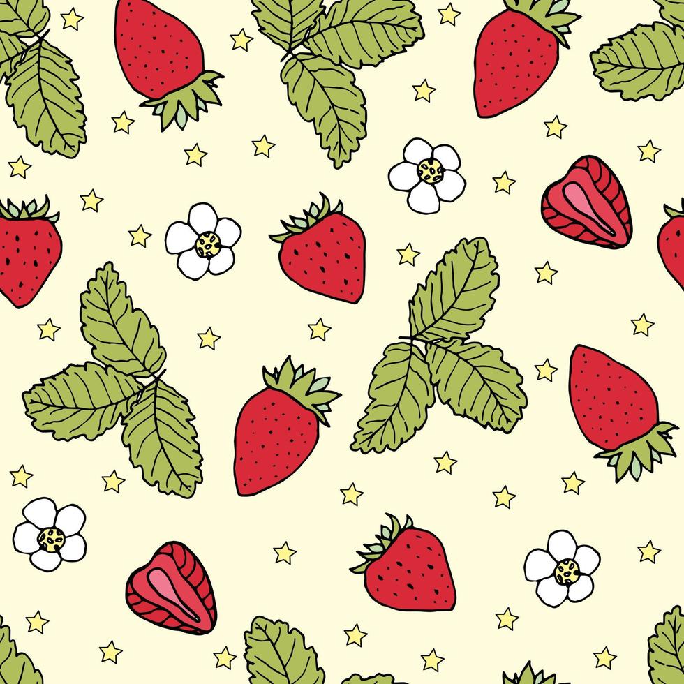 Seamless pattern of strawberries and flowers Example of a strawberry pattern for packaging and advertising. Vector illustration