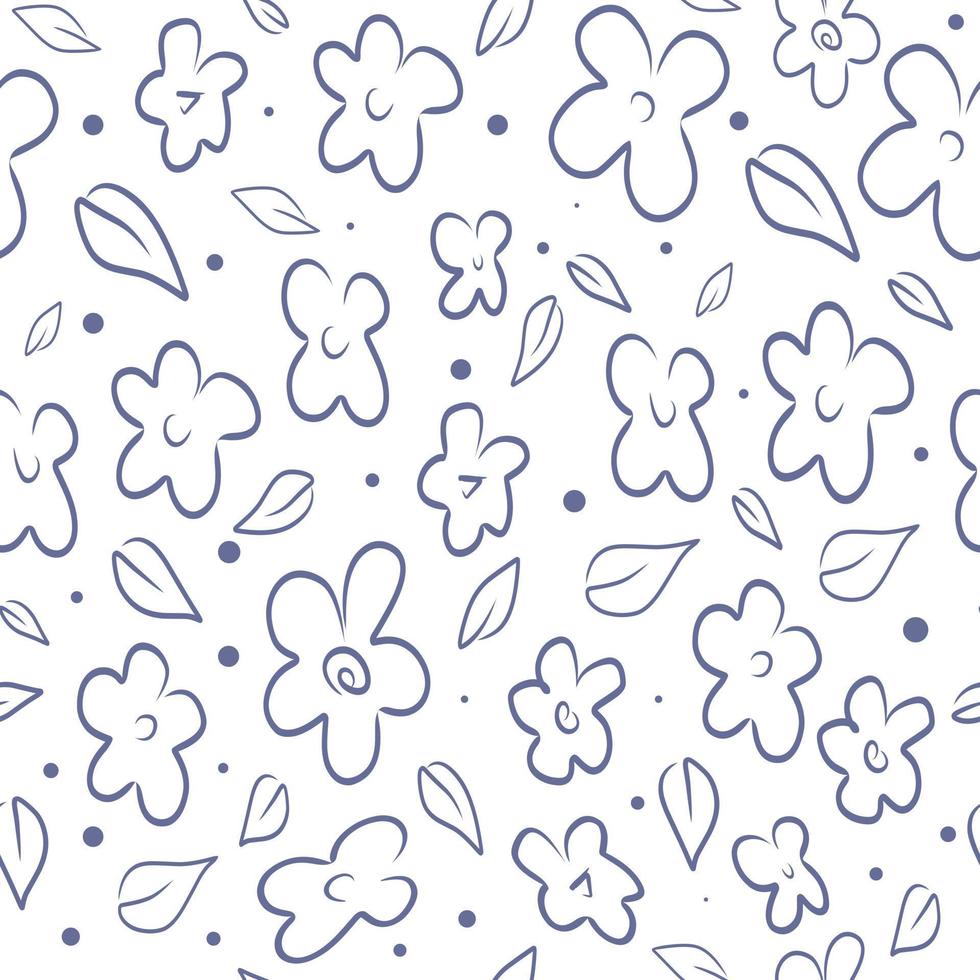 patrón transparente de vector con flores de contorno. textura de primavera de fideos dibujados a mano, fondo. para papel de regalo, página para colorear, día de la madre o de la mujer o de san valentín. ilustración vectorial