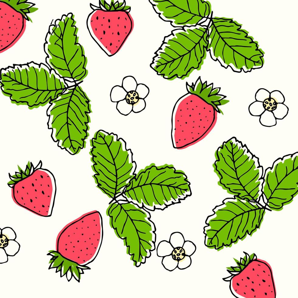 Seamless pattern of strawberries and flowers Example of a strawberry pattern for packaging and advertising. Vector illustration