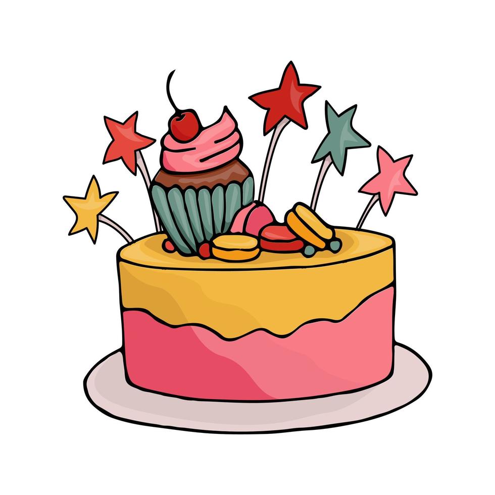 Happy Birthday Vector Card with Colorful Cake.. Cute Praty Cake. Vector illustration