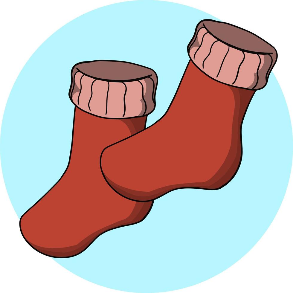 calcetines rojos brillantes para el invierno. ilustración vectorial sobre un fondo azul claro redondo, placa, emblema, tarjeta vector