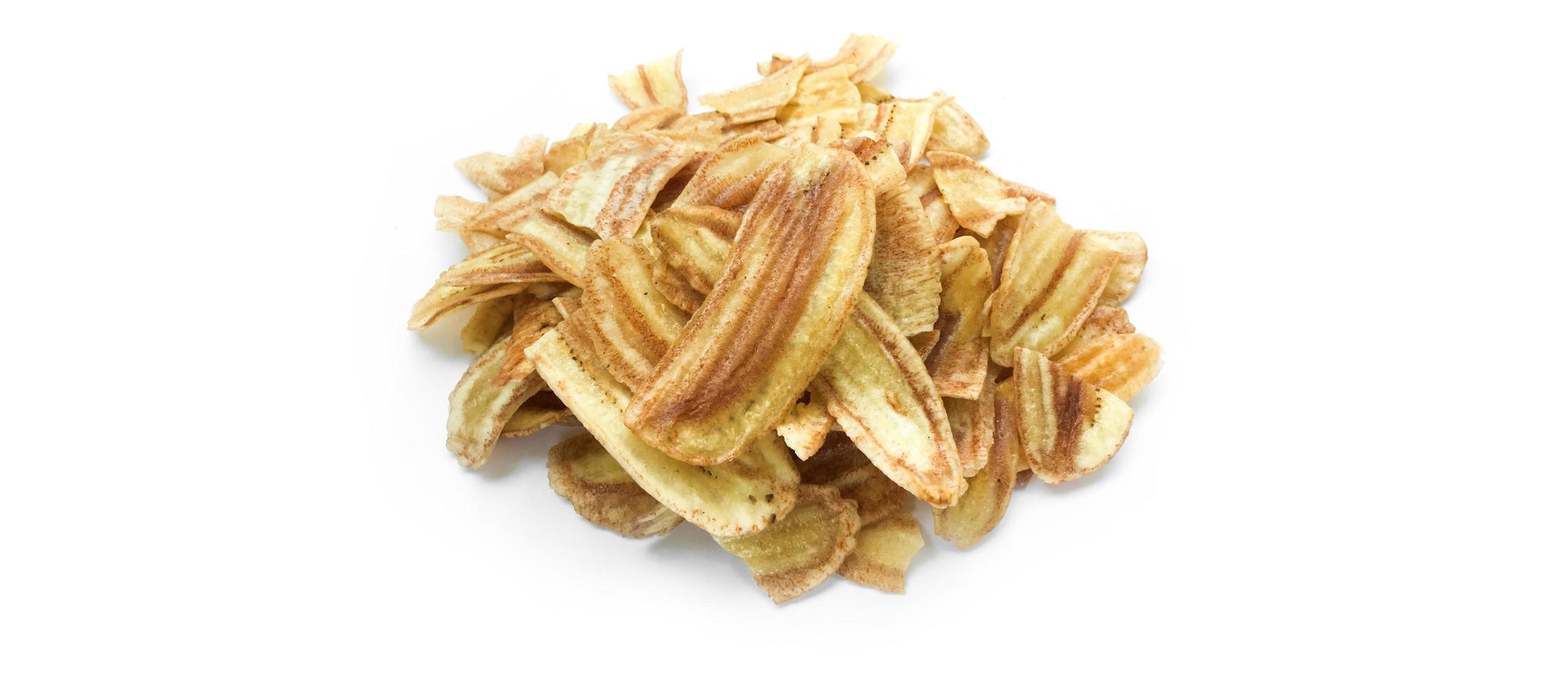 Asian caltivated banana or pisang awak banana cracker ro banana chips on white background, soft and selective focus. photo