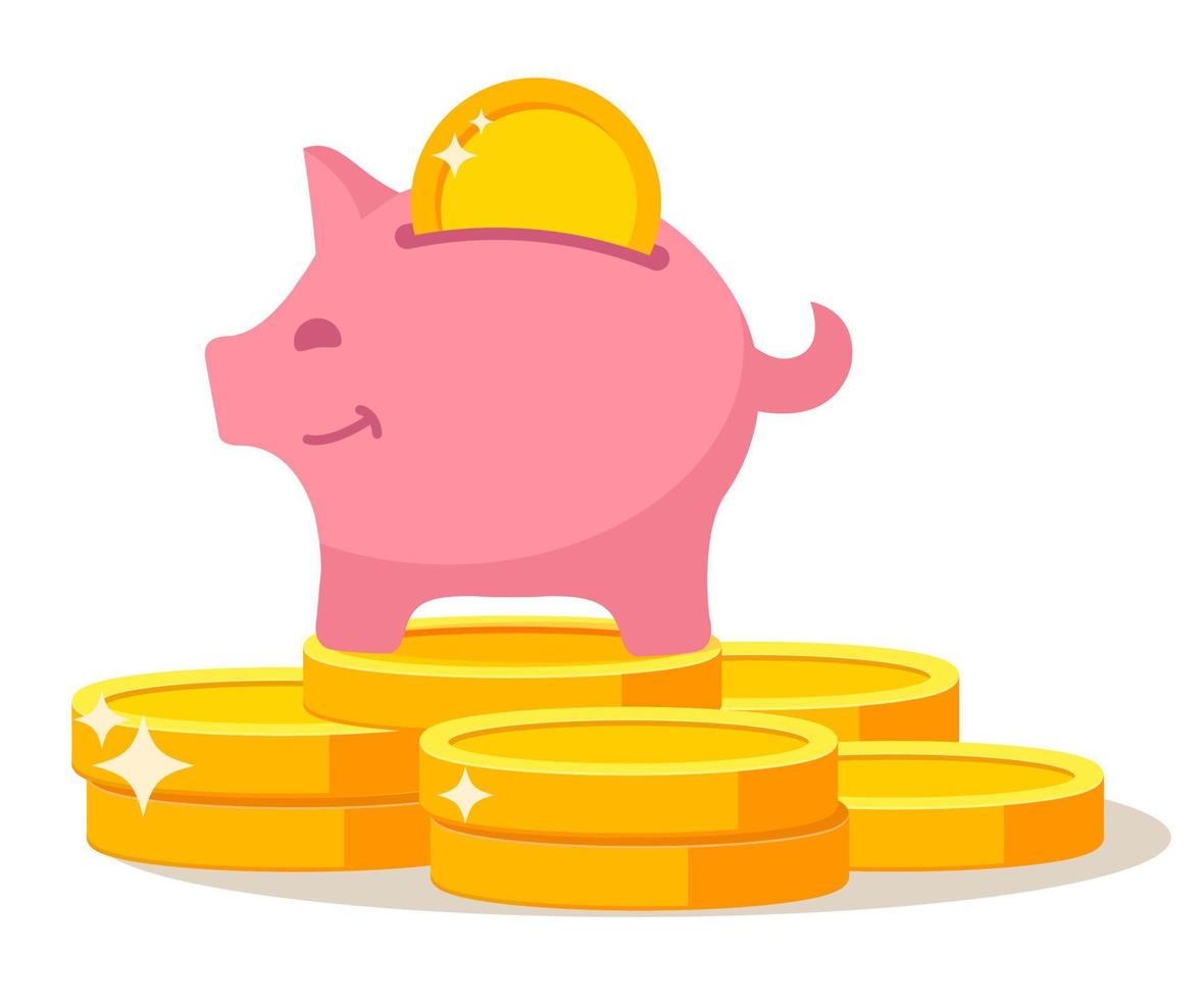 Piggy bank standing on coins stack dollar.Pink pig with gold coin .Concept of investment and accumulation.Isolated on white background. vector