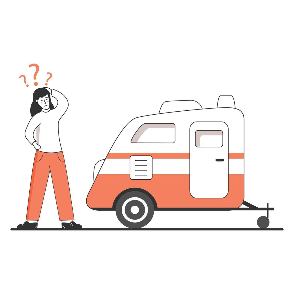 autocaravana caravana rv. mujer joven elige un remolque para viajar.aislado sobre fondo blanco. ilustración plana vectorial. personaje animado. vector