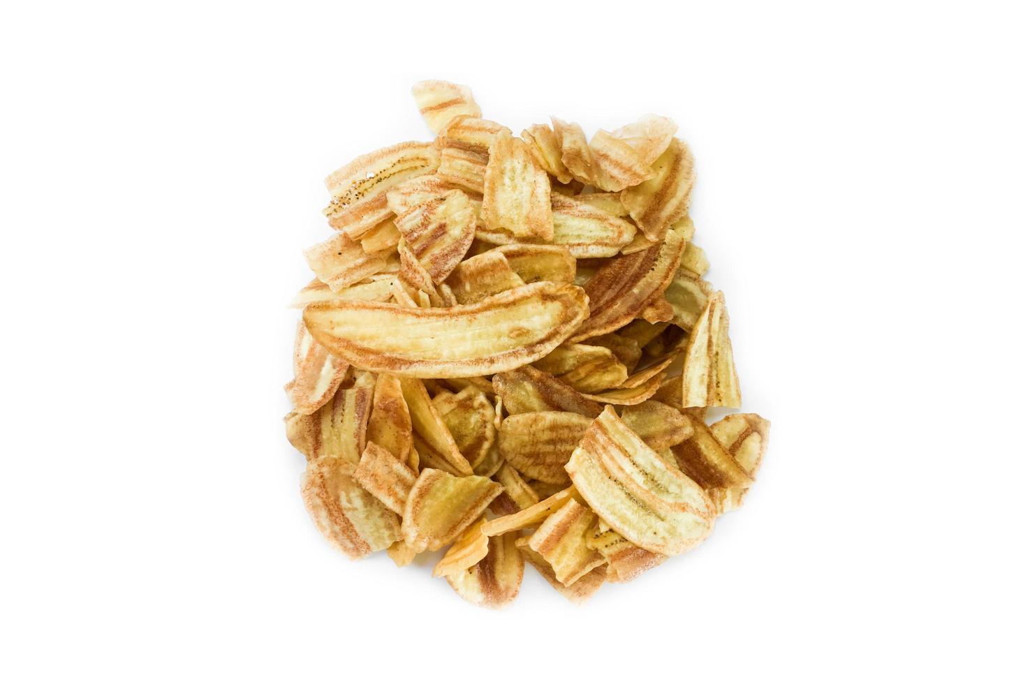 Asian caltivated banana or pisang awak banana cracker ro banana chips on white background, soft and selective focus. photo