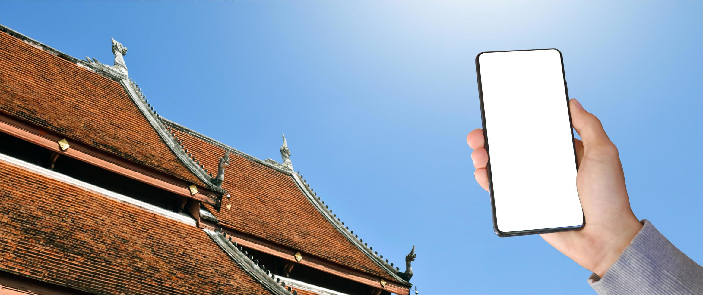 Smart mobile phone which has blank touchscreen holding in hand, concept for using smart mobile phone with online transactions. photo