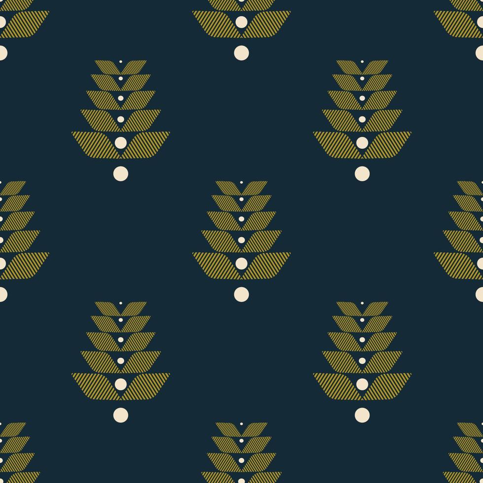 Vector ethnic dark green color flower shape Scandinavian style seamless pattern on navy blue background. Use for fabric, textile, interior decoration elements, upholstery, wrapping.
