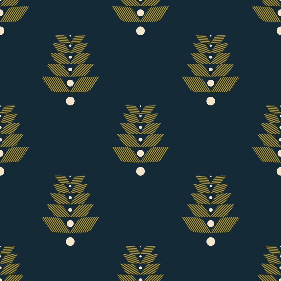 Vector ethnic dark green color flower shape Scandinavian style seamless pattern on navy blue background. Use for fabric, textile, interior decoration elements, upholstery, wrapping.