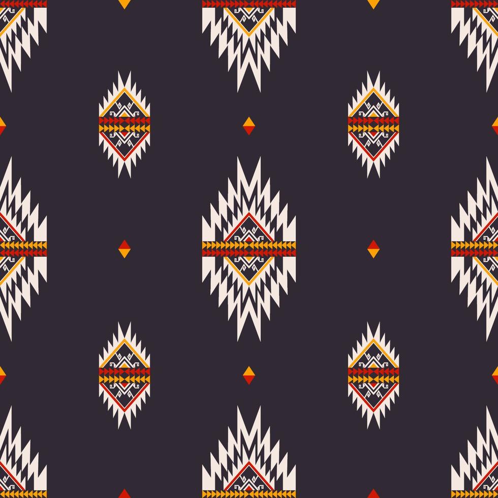 Fondo de patrón sin costuras en forma de triángulo pequeño azteca nativo. étnico tribal rojo-amarillo en diseño de color azul oscuro. uso para telas, textiles, elementos de decoración de interiores, tapicería, envoltura. vector