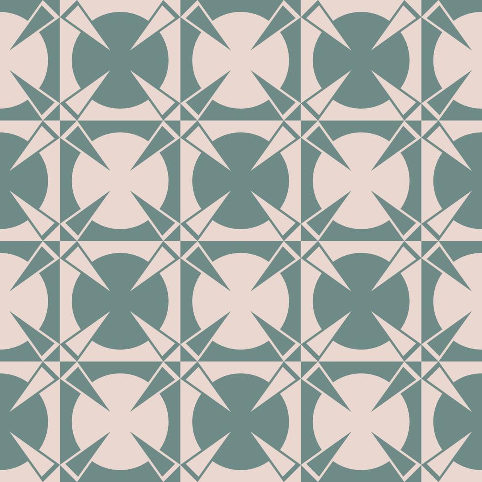 Retro ethnic brown-green color geometric checkered circle background with triangle star shape seamless pattern. Use for fabric, interior decoration elements, wrapping. vector