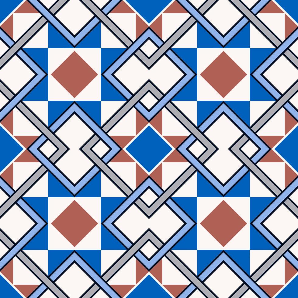 Geometric checkered square overlapping shape seamless pattern background. Ethnic Morocco persian blue color retro design. Use for home interior decoration elements. vector