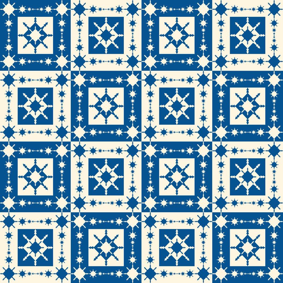 Fondo de patrón sin costuras de forma cuadrada de copo de nieve nórdico de color tradicional azul-blanco. uso para telas, textiles, elementos de decoración de interiores, tapicería, envoltura. vector