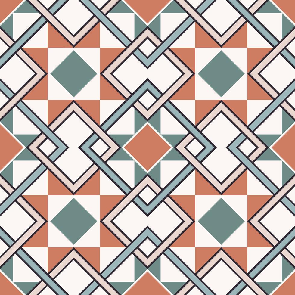 Geometric checkered square overlapping shape seamless pattern background. Ethnic Morocco persian brown-green color retro design. Use for home interior decoration elements. vector