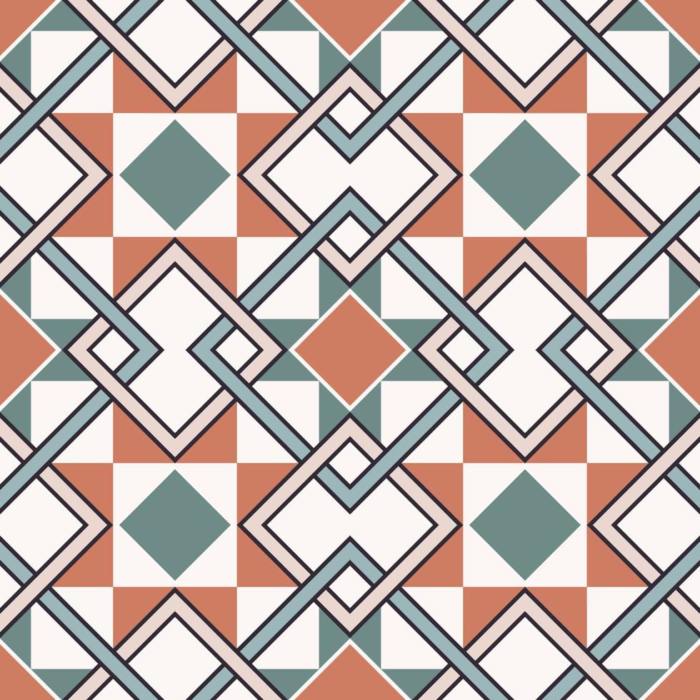 Geometric checkered square overlapping shape seamless pattern background. Ethnic Morocco persian brown-green color retro design. Use for home interior decoration elements. vector