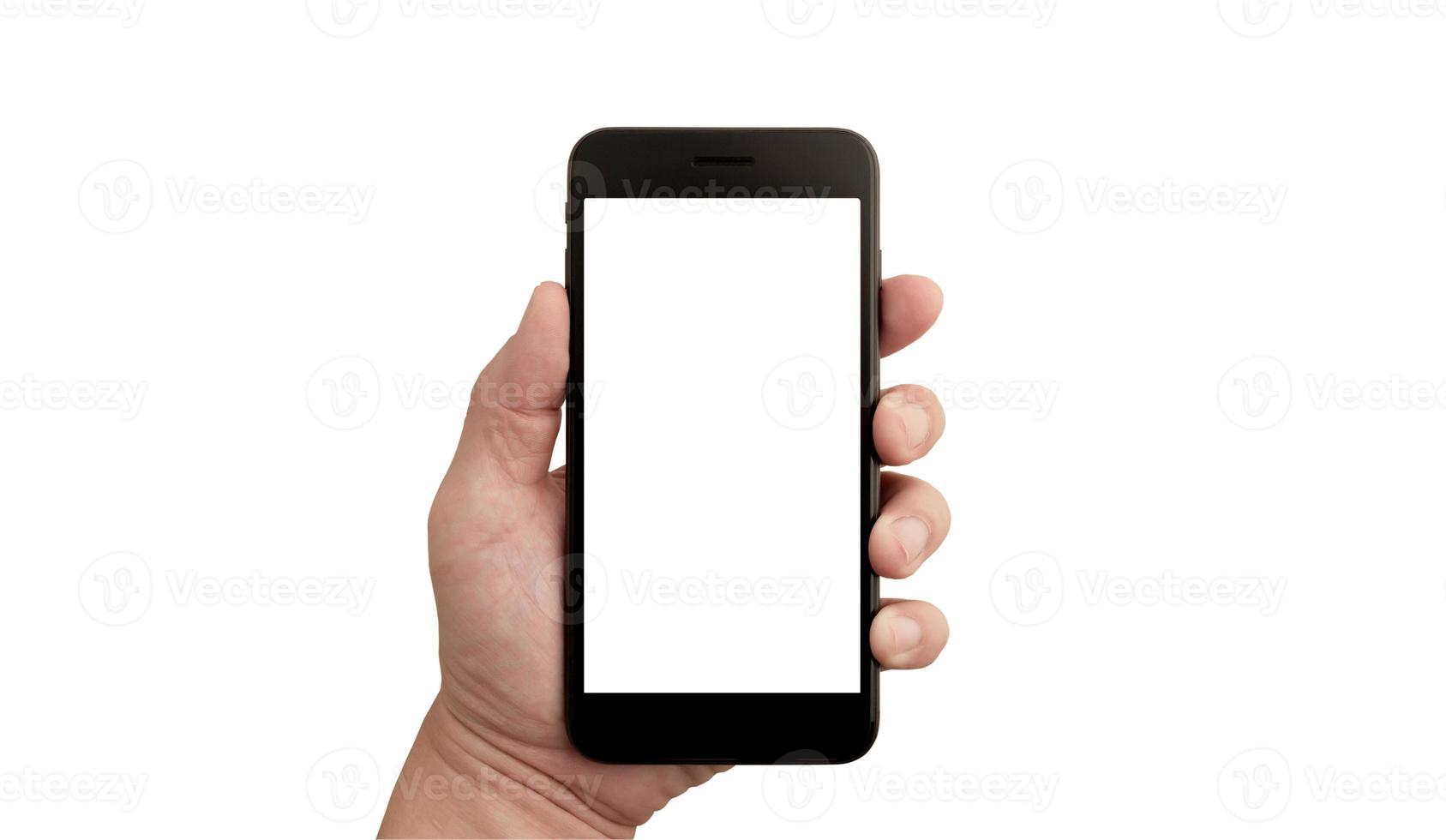 Left hand of a white man holding a black mobile phone and a white screen at a isolate background with clipping path. photo