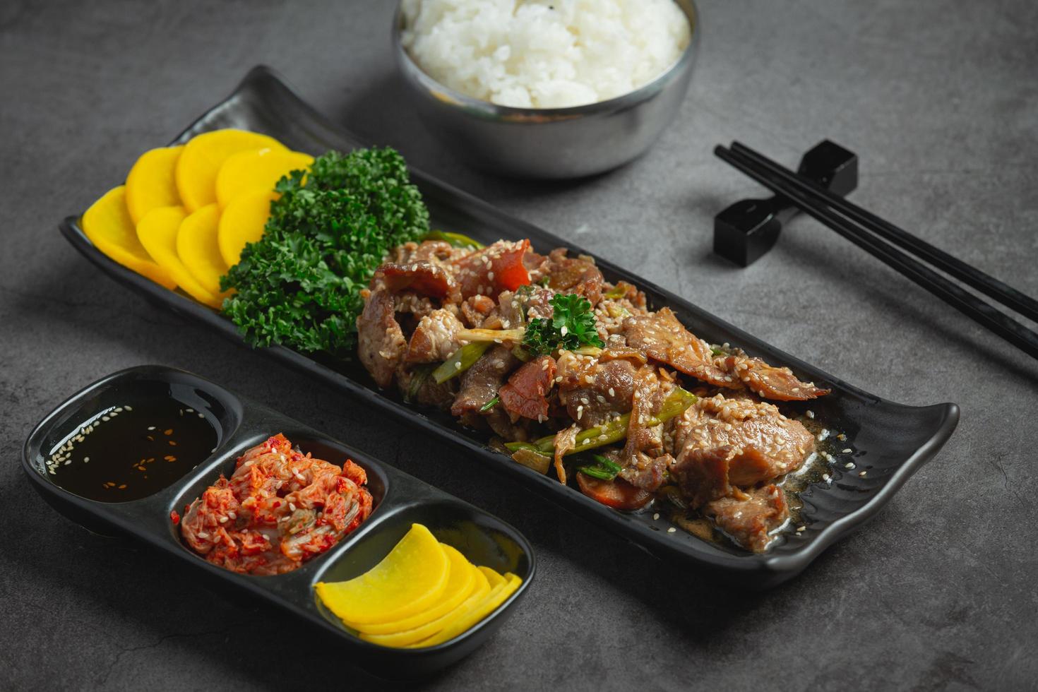 Korean food Bulgogi or marinated beef barbecue ready to serve photo