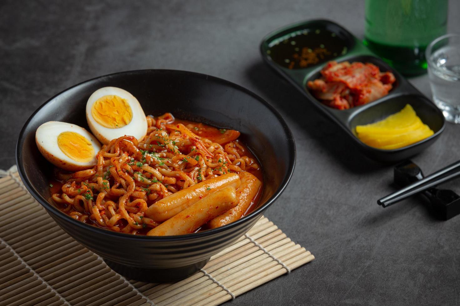 Korean instant noodle and tteokbokki in korean spicy sauce, Ancient food photo