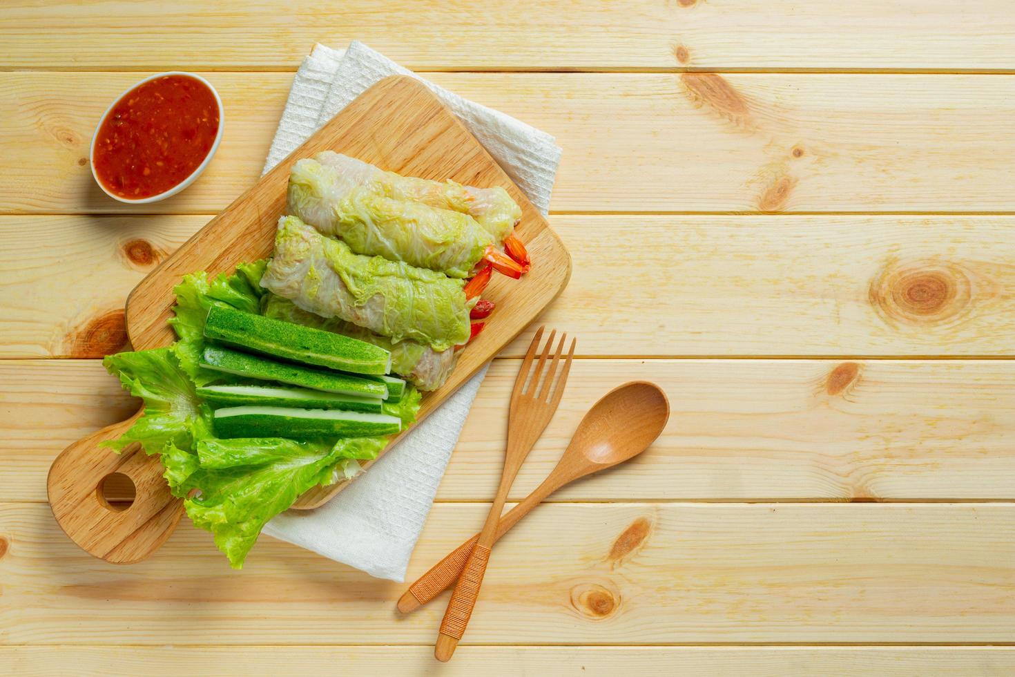 cabbage with delicious dipping sauce,Suki roll. photo