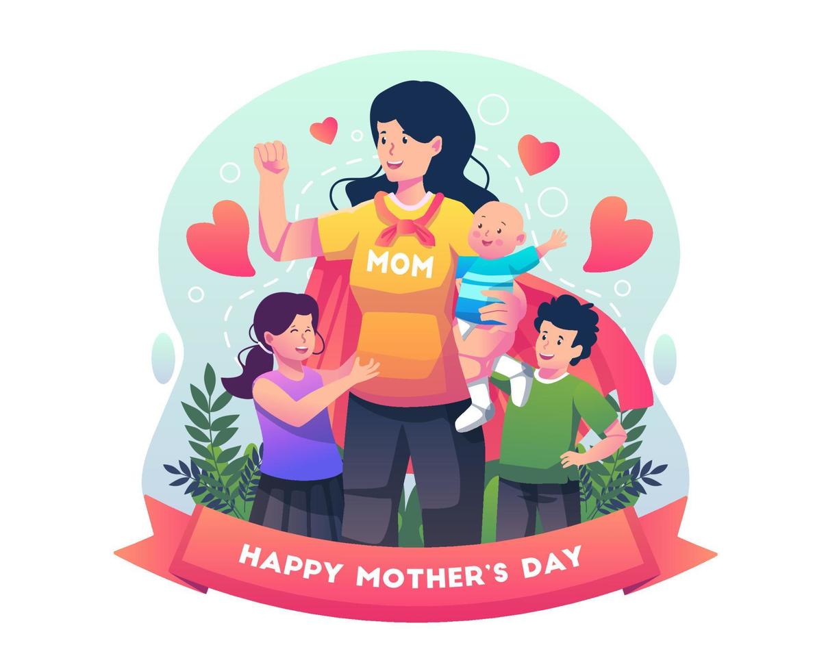 Mother is wearing a superhero cape and holding a baby. Supermom celebrates mother's day with her kids. Flat style vector illustration