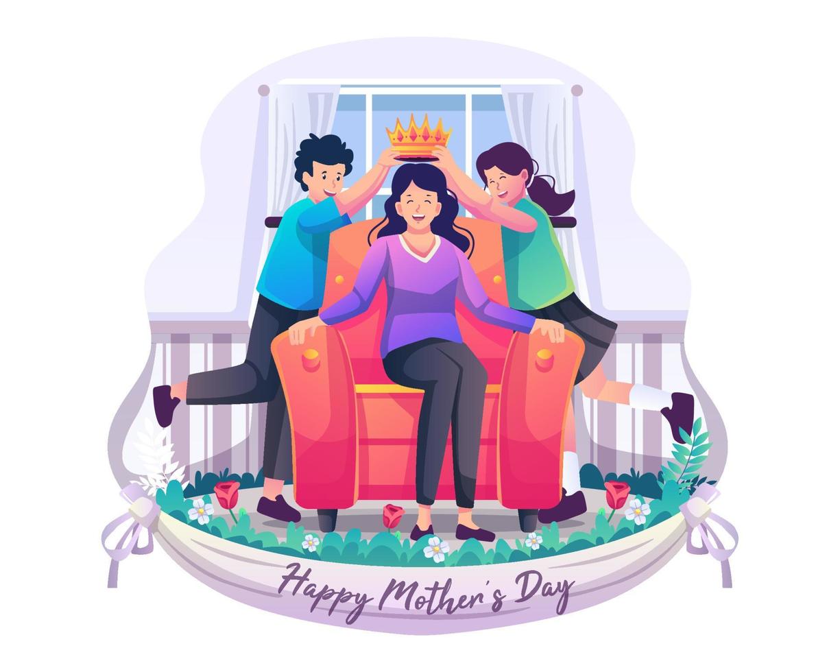 dos hijos, hijo e hija, le están poniendo una corona a su madre, que está sentada en el sofá. feliz día de la madre. ilustración vectorial de estilo plano vector