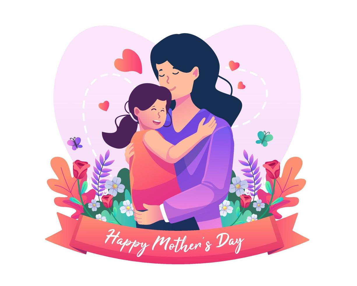 madre y su linda hija se abrazan con mucho amor. feliz día de la madre. ilustración vectorial de estilo plano vector