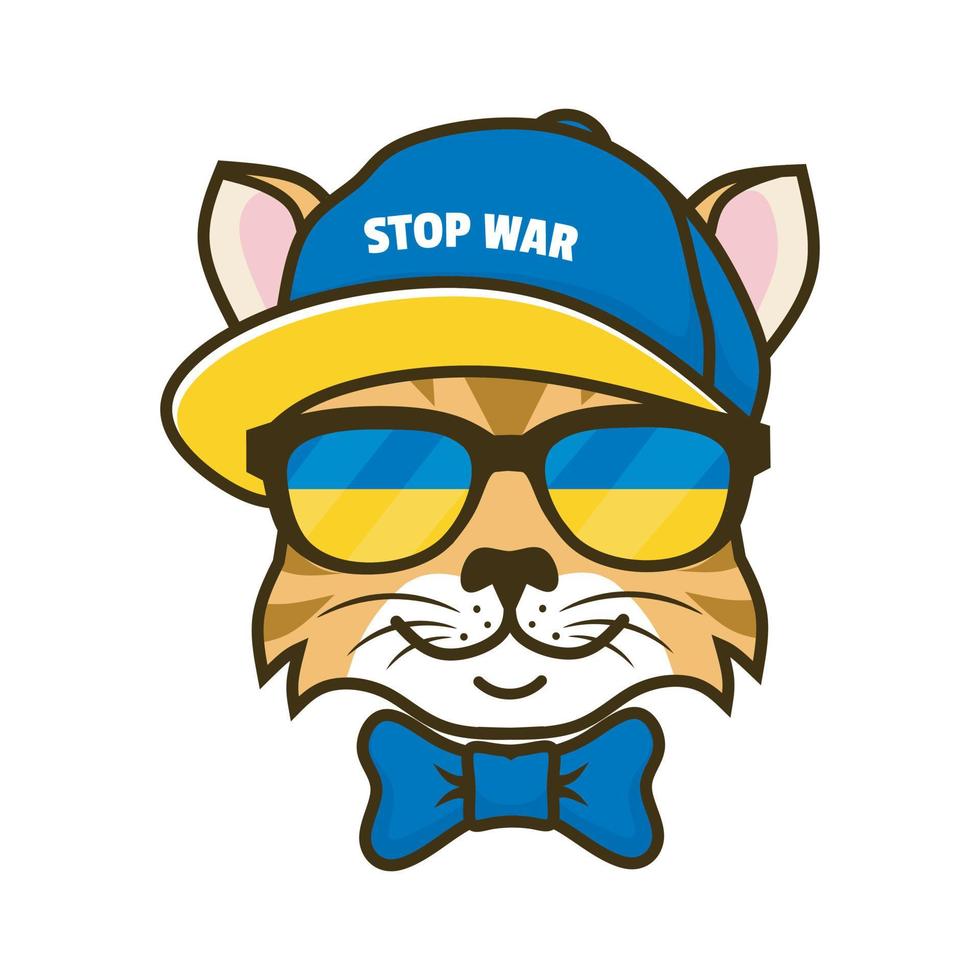 cartoon cat wearing glasses and hat with ukrainian flag color design vector
