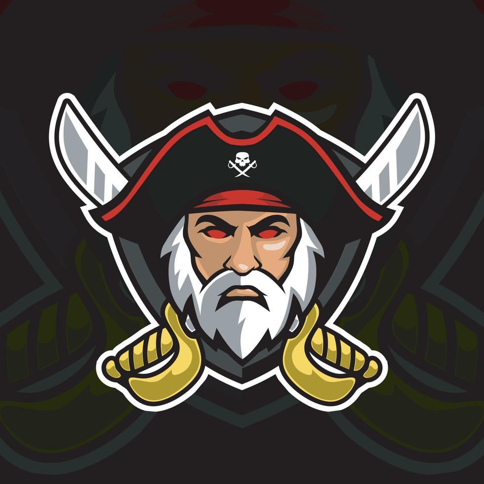cabeza de pirata con plantilla de logotipo de vector de espada y escudo