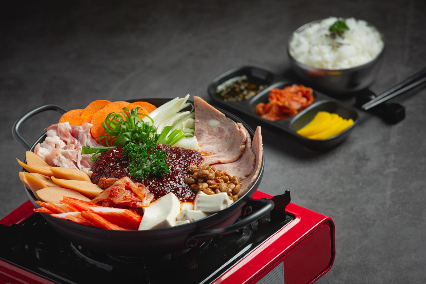 spicy meat and pork boil in hot pot photo