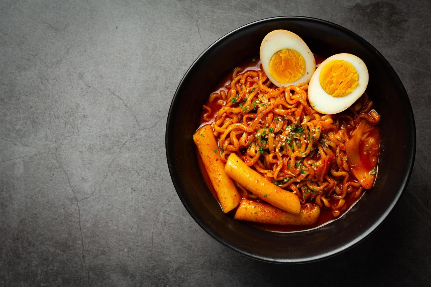 Korean instant noodle and tteokbokki in korean spicy sauce, Ancient food photo