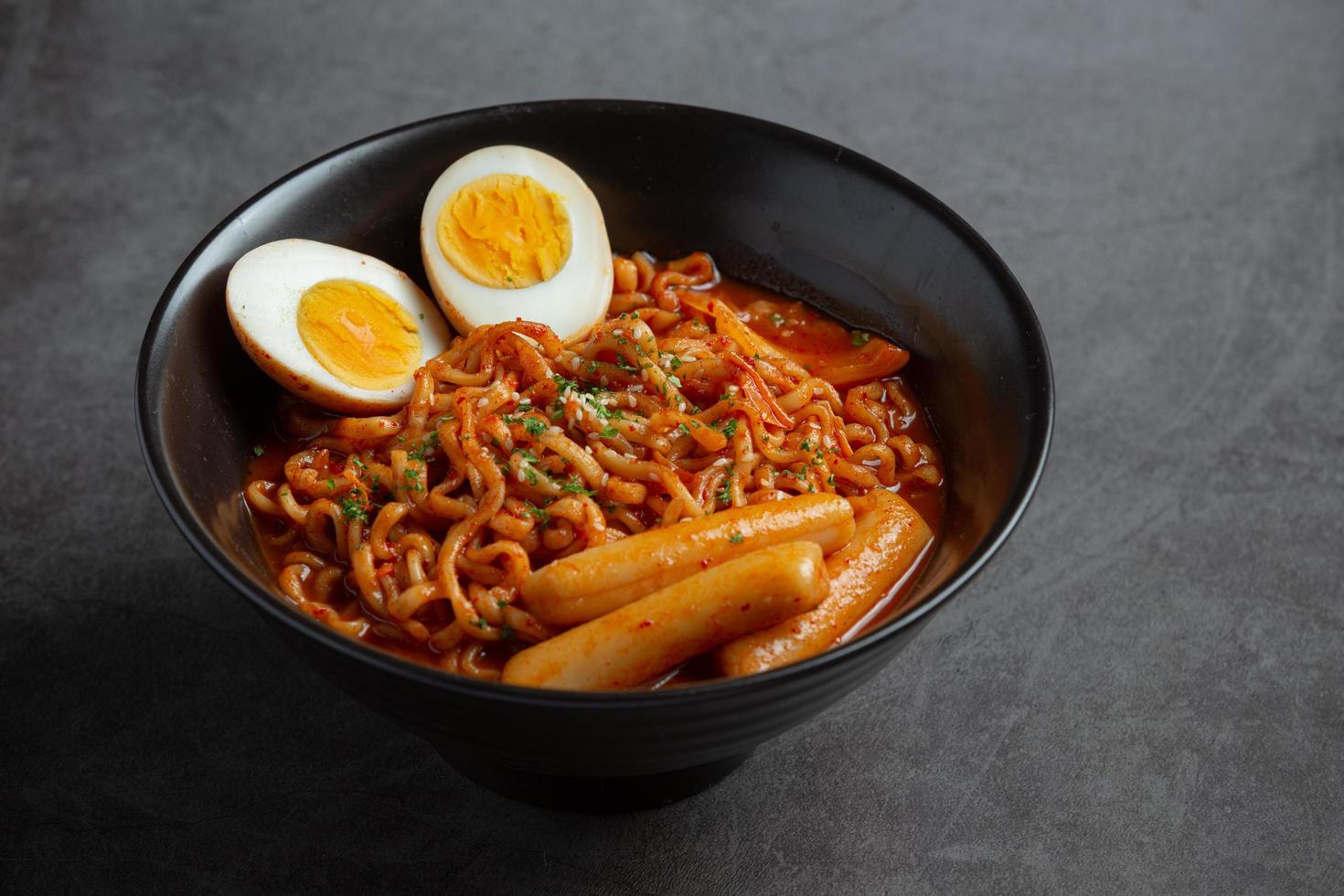 Korean instant noodle and tteokbokki in korean spicy sauce, Ancient food photo