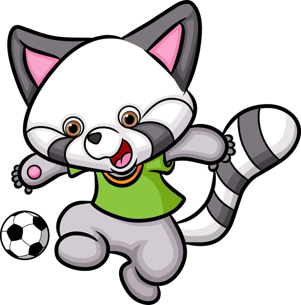 The happy raccoon is playing the soccer in the field vector