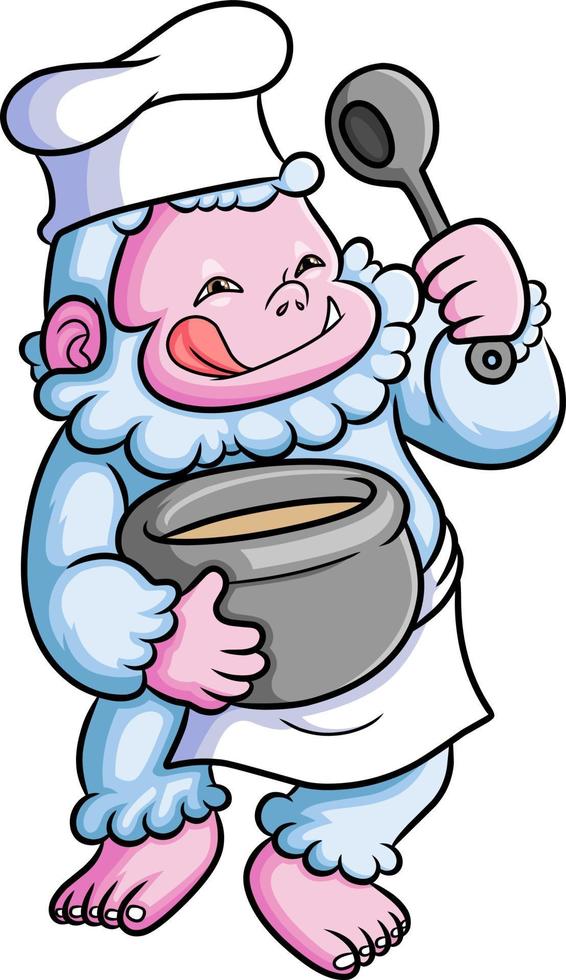 The cute chef yeti is cooking a soup in the big jug vector