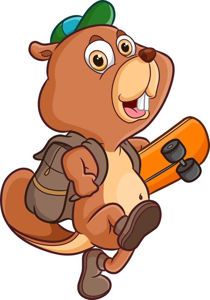 The happy beaver is walking and holding the skateboard vector