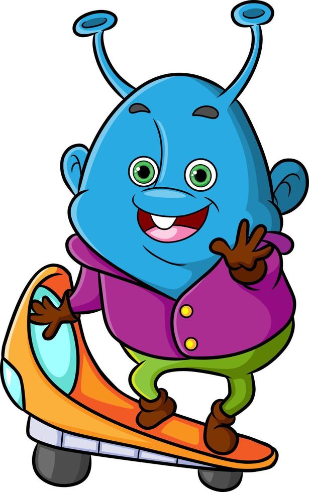 The cute ufo is standing on the fast skateboard ufo vector