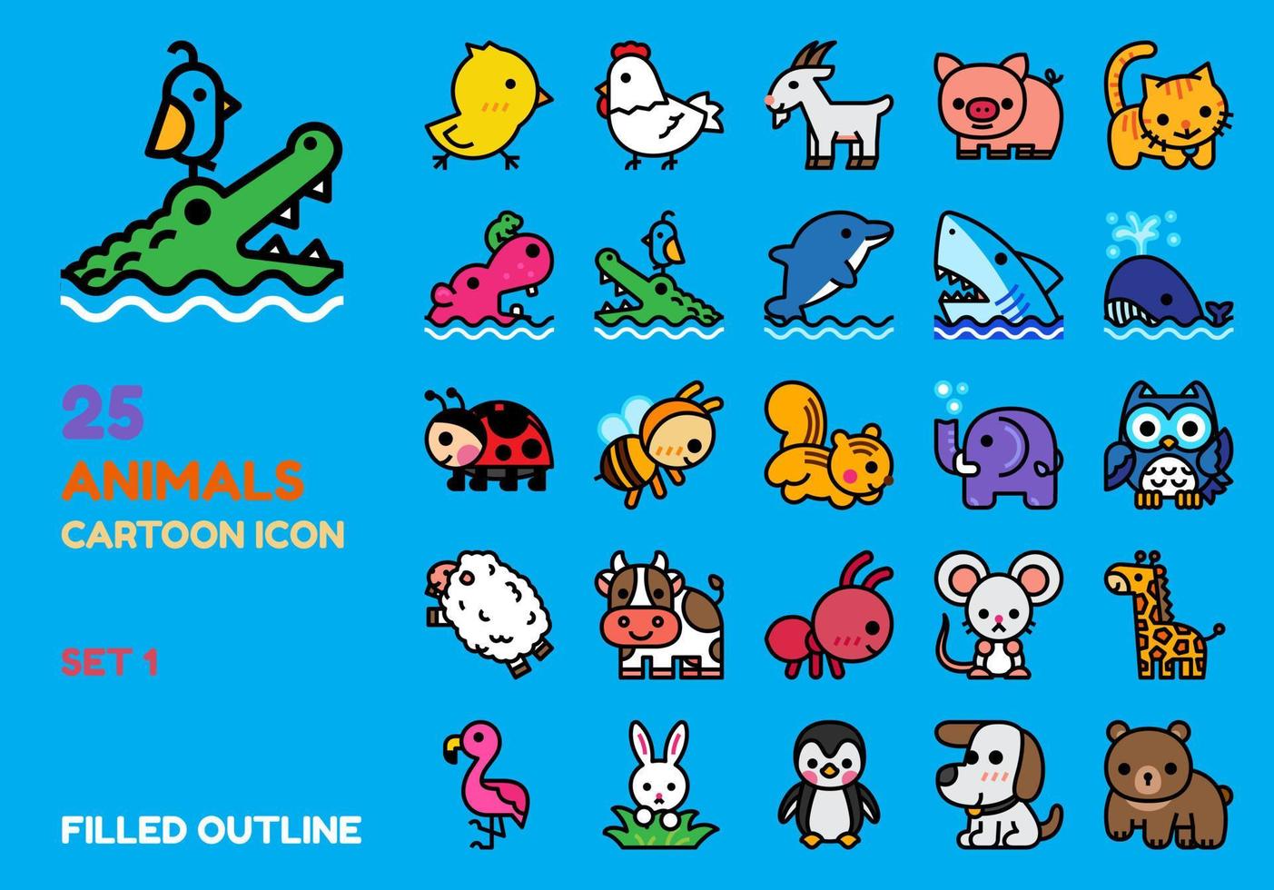 conjunto de vectores de iconos de contorno lleno de animales