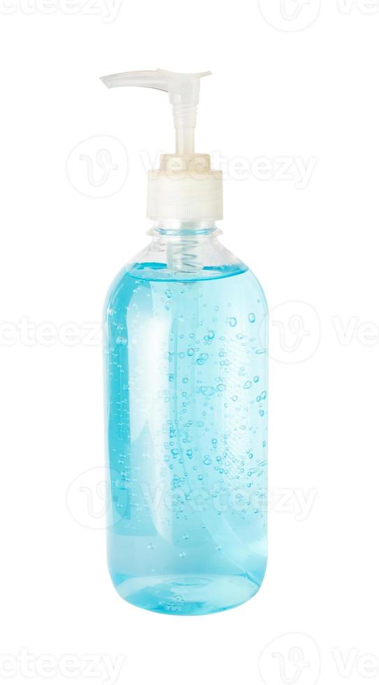 Blue alcohol hand washing gel on white background photo