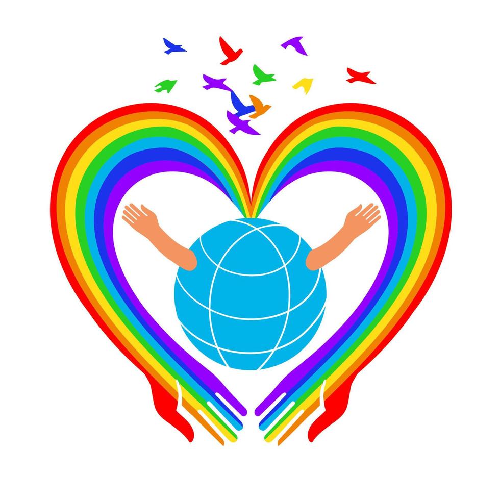 Rainbow's heart-shaped arms hug the globe. vector