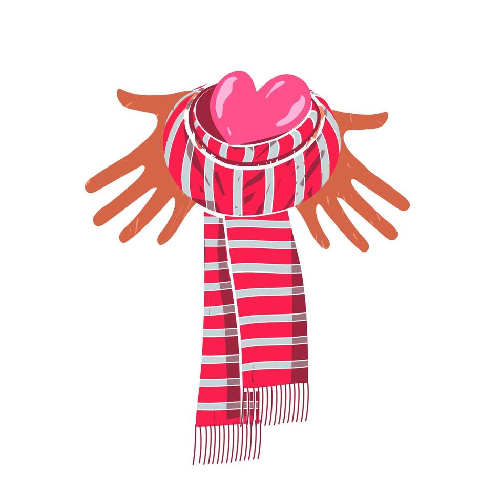 Hands holding a heart in a knitted scarf. vector