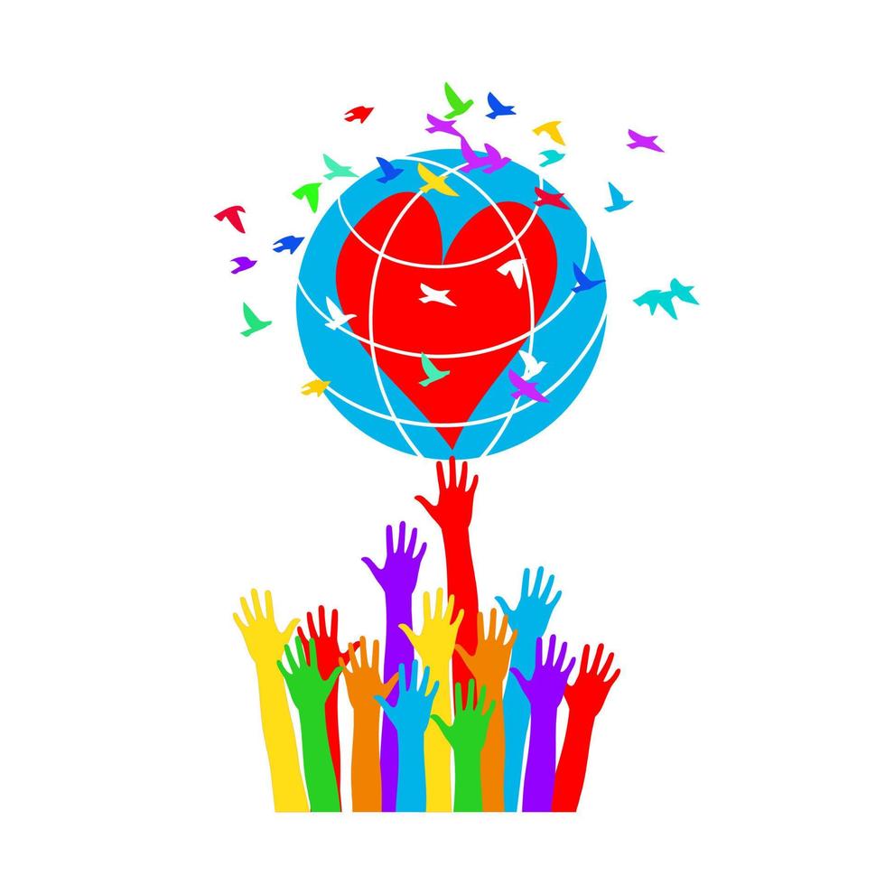 Hands support the globe with hearts surrounded by colorful birds. vector